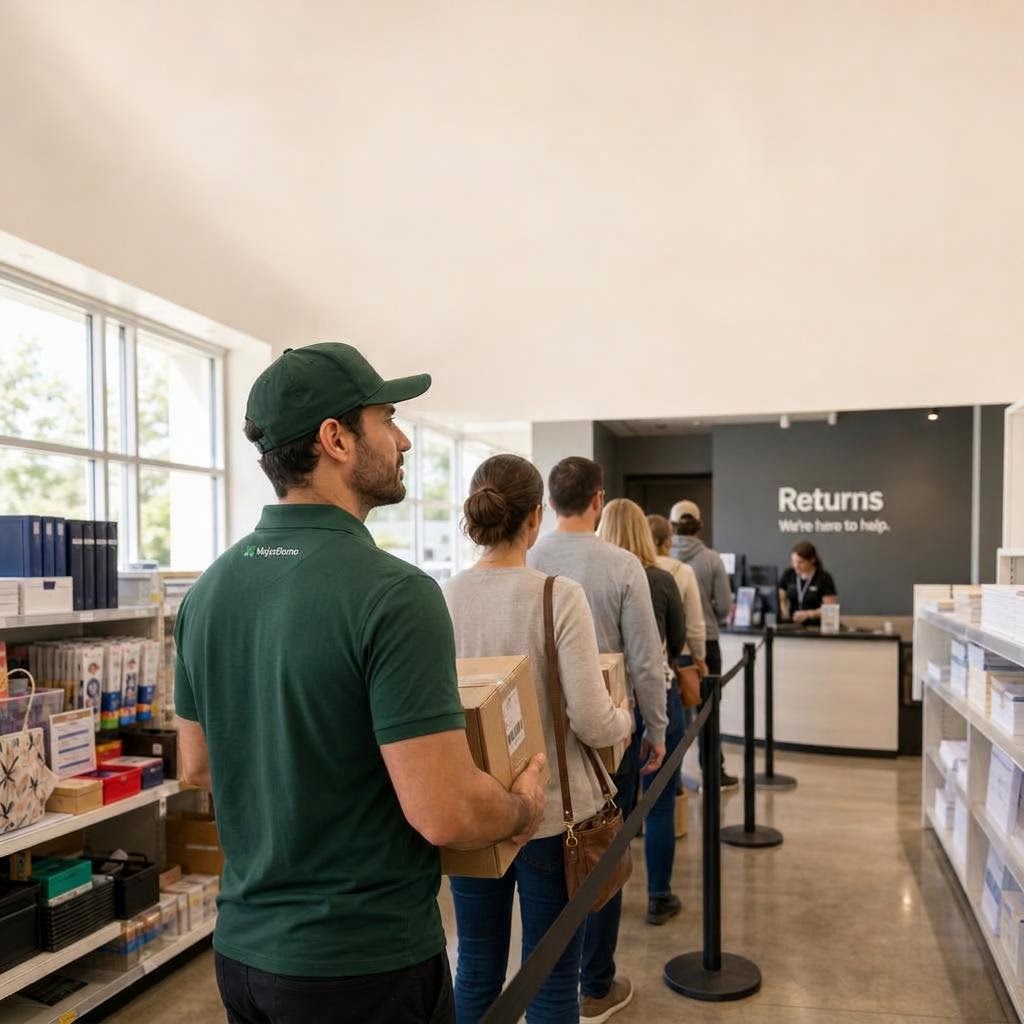 AI-generated MajorDomo in a green collared polo and green cap waiting with parcels in a queue at the returns counter
